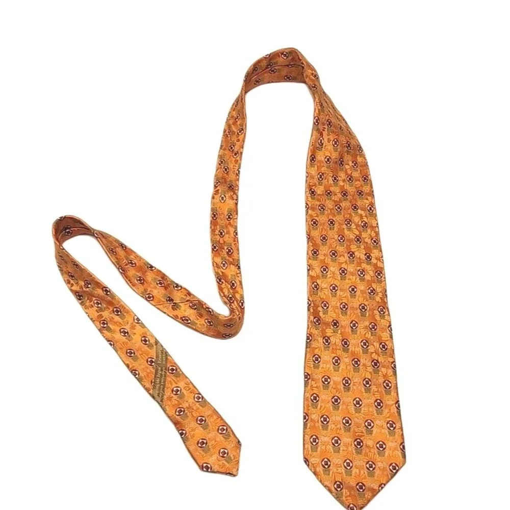 Ermenegildo Zegna Tie Necktie 100% Silk Orange Geometric Print Italy